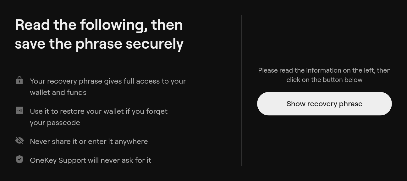 Recovery phrase warnings before the words are shown
