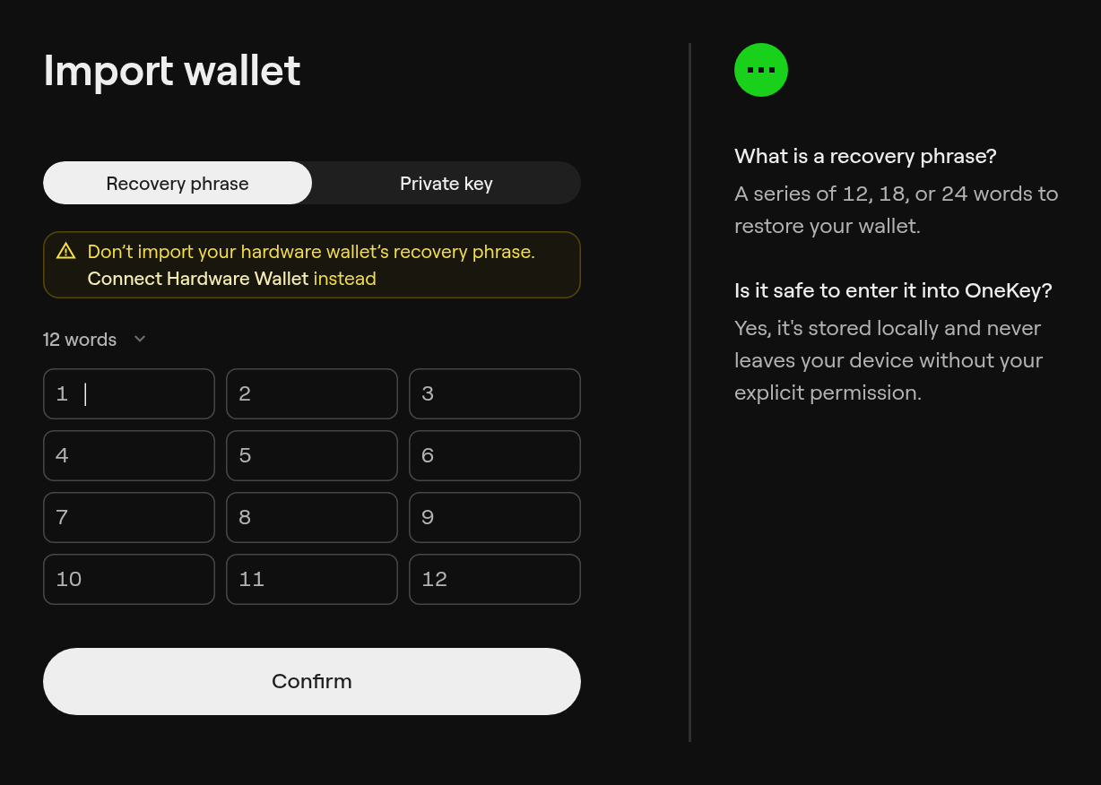 Import wallet form with 12 word boxes