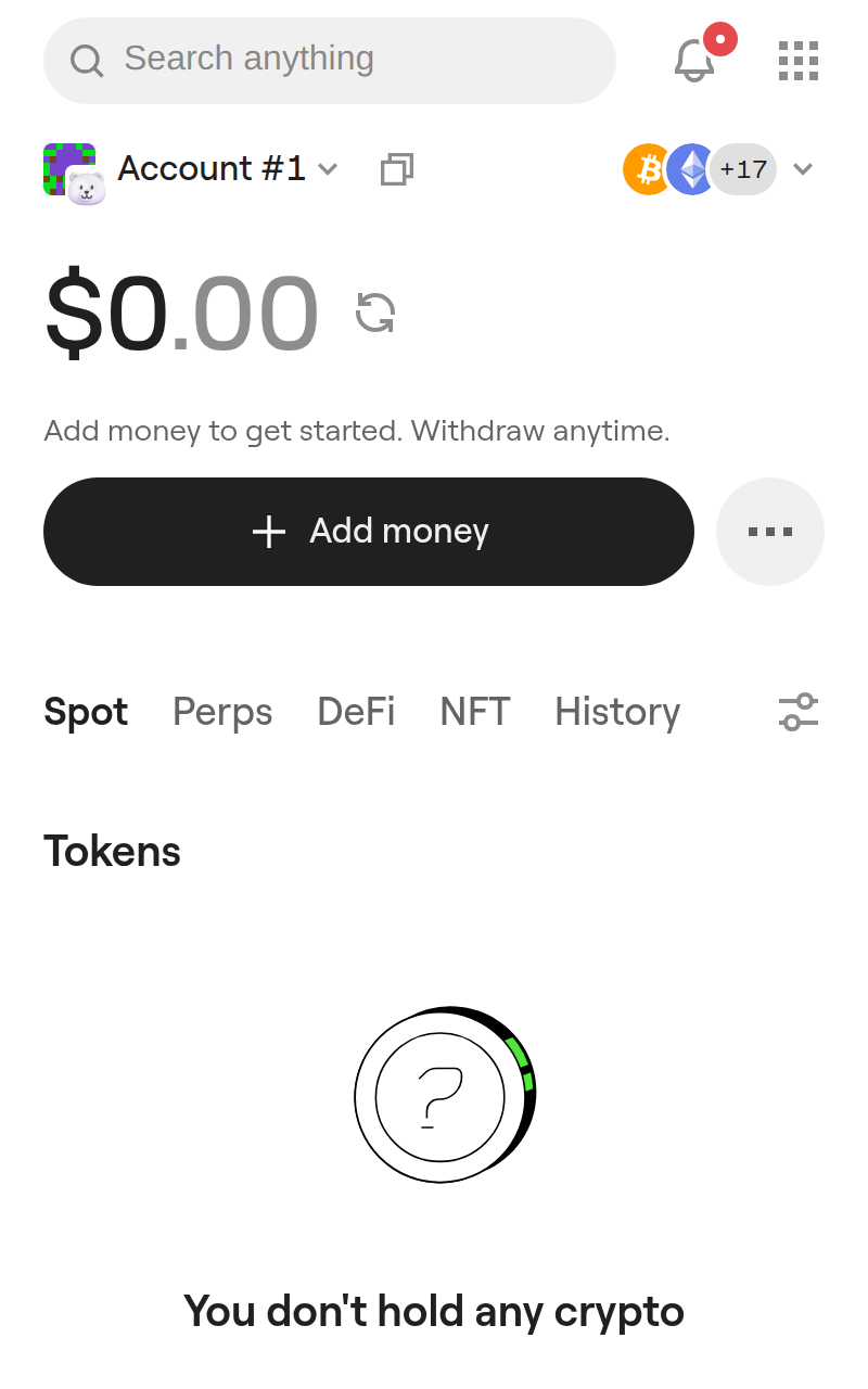 OneKey home with the network icons at the top right